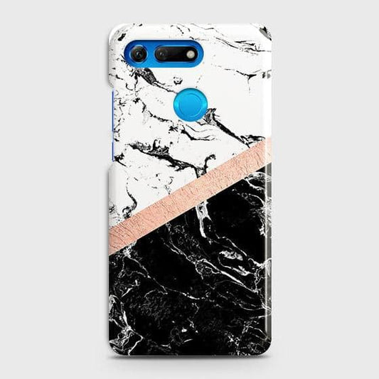 Huawei Honor View 20 Cover - Black & White Marble With Chic RoseGold Strip Case with Life Time Colors Guarantee