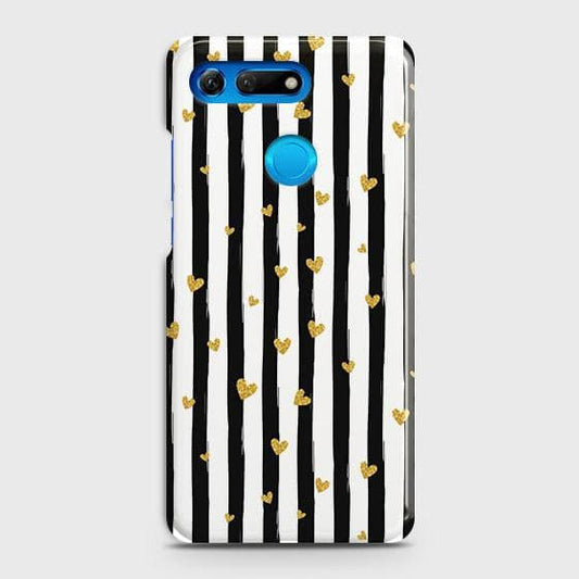 Huawei Honor View 20 Cover - Trendy Black & White Lining With Golden Hearts Printed Hard Case with Life Time Colors Guarantee