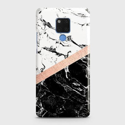 Huawei Mate 20 Cover - Black & White Marble With Chic RoseGold Strip Case with Life Time Colors Guarantee