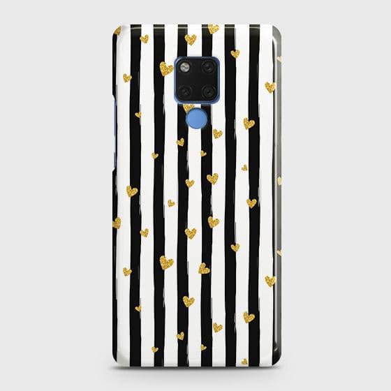 Huawei Mate 20 Cover - Trendy Black & White Lining With Golden Hearts Printed Hard Case with Life Time Colors Guarantee