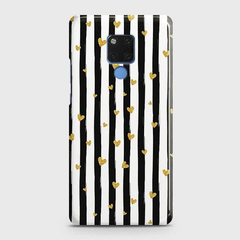 Huawei Mate 20 Cover - Trendy Black & White Lining With Golden Hearts Printed Hard Case with Life Time Colors Guarantee