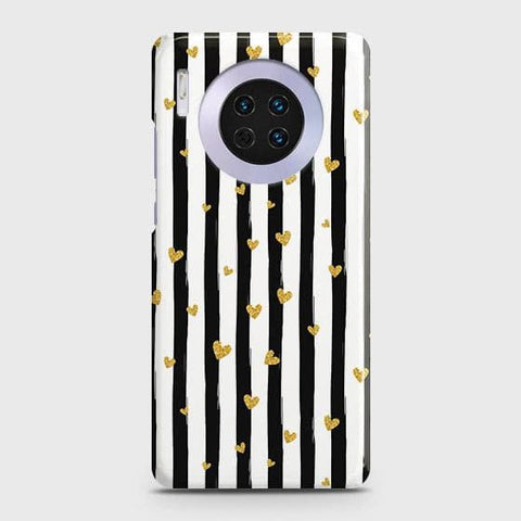 Huawei Mate 30 Cover - Trendy Black & White Lining With Golden Hearts Printed Hard Case with Life Time Colors Guarantee