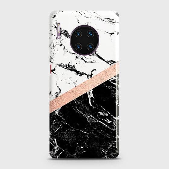 Huawei Mate 30 Pro Cover - Black & White Marble With Chic RoseGold Strip Case with Life Time Colors Guarantee
