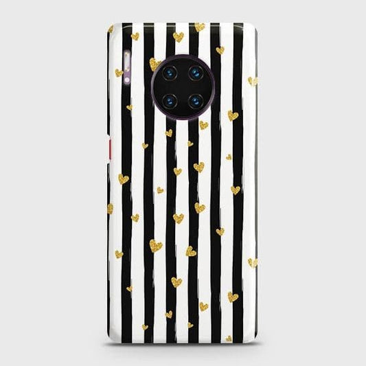 Huawei Mate 30 Pro Cover - Trendy Black & White Lining With Golden Hearts Printed Hard Case with Life Time Colors Guarantee