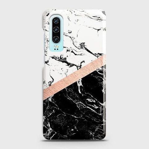 Huawei P30 Cover - Black & White Marble With Chic RoseGold Strip Case with Life Time Colors Guarantee