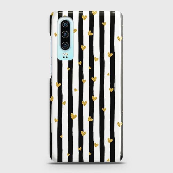 Huawei P30 Cover - Trendy Black & White Lining With Golden Hearts Printed Hard Case with Life Time Colors Guarantee