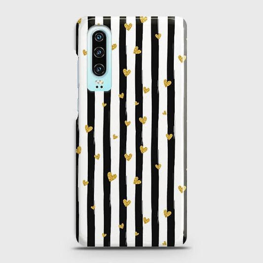 Huawei P30 Cover - Trendy Black & White Lining With Golden Hearts Printed Hard Case with Life Time Colors Guarantee