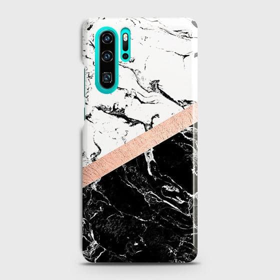 Huawei P30 Pro Cover - Black & White Marble With Chic RoseGold Strip Case with Life Time Colors Guarantee