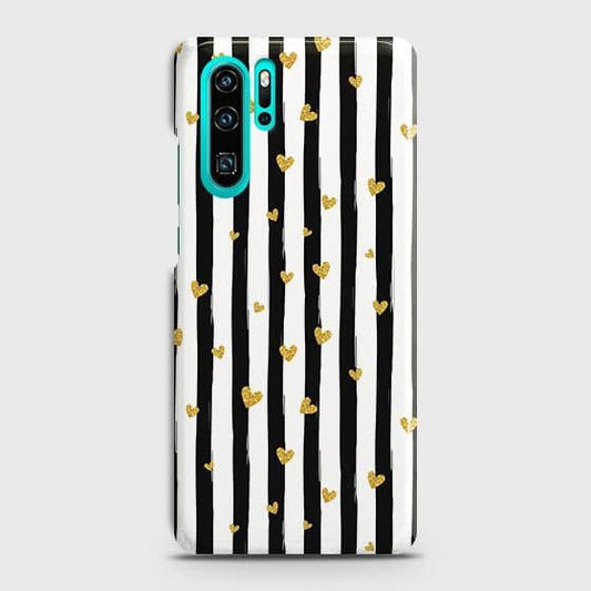 Huawei P30 Pro Cover - Trendy Black & White Lining With Golden Hearts Printed Hard Case with Life Time Colors Guarantee
