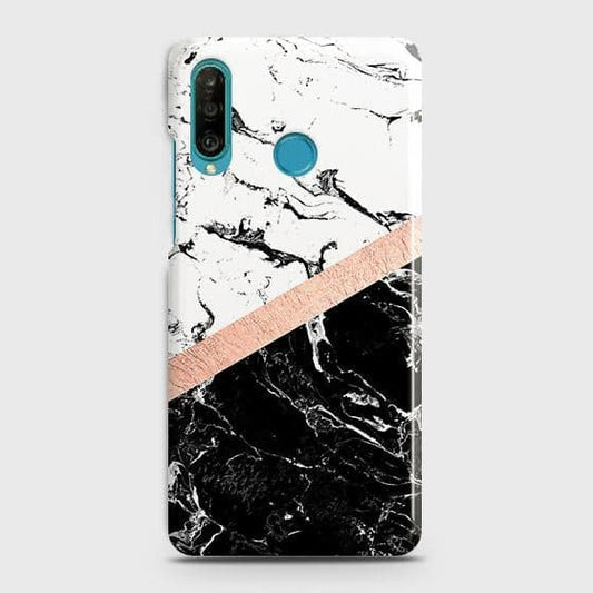 Huawei P30 lite Cover - Black & White Marble With Chic RoseGold Strip Case with Life Time Colors Guarantee