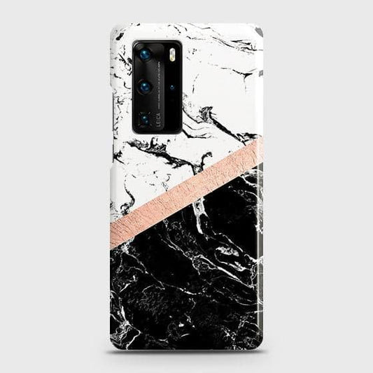 Huawei P40 Pro Cover - Black & White Marble With Chic RoseGold Strip Case with Life Time Colors Guarantee