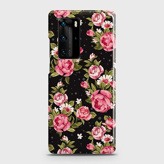 Huawei P40 Pro Plus Cover - Trendy Pink Rose Vintage Flowers Printed Hard Case with Life Time Colors Guarantee