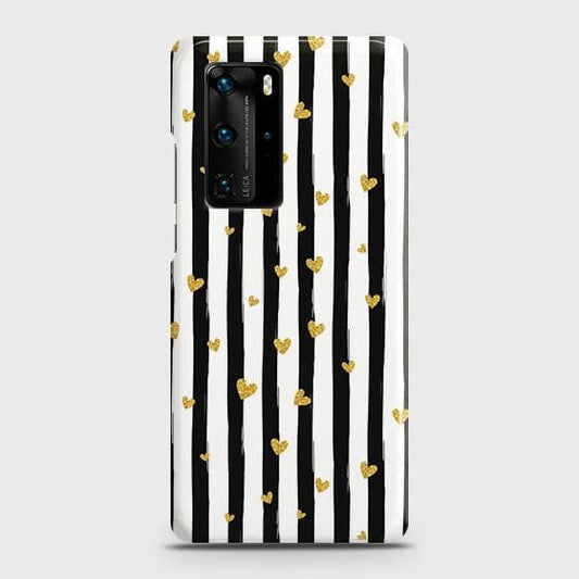 Huawei P40 Pro Plus Cover - Trendy Black & White Lining With Golden Hearts Printed Hard Case with Life Time Colors Guarantee