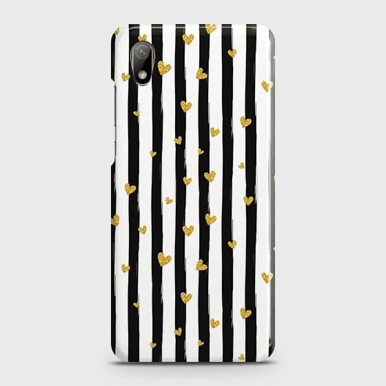 Huawei Y5 2019 Cover - Trendy Black & White Lining With Golden Hearts Printed Hard Case with Life Time Colors Guarantee