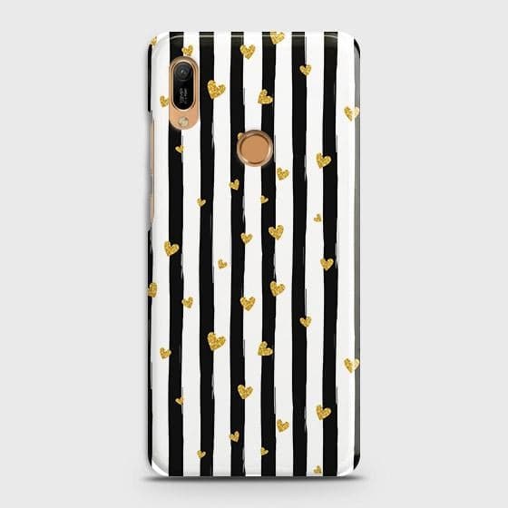 Huawei Y6 2019 Cover - Trendy Black & White Lining With Golden Hearts Printed Hard Case with Life Time Colors Guarantee