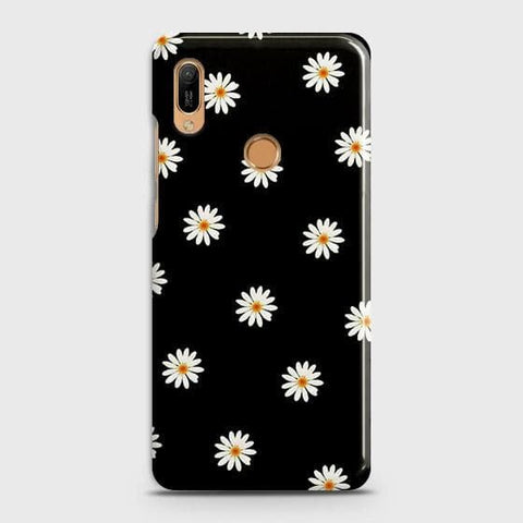 Huawei Y6 2019 Cover - Matte Finish - White Bloom Flowers with Black Background Printed Hard Case with Life Time Colors Guarantee