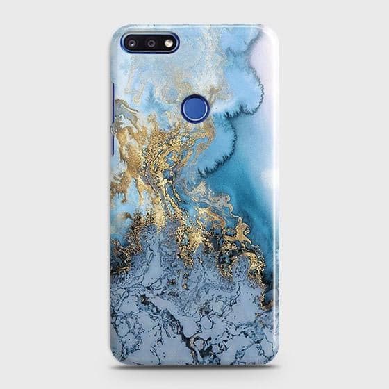 Huawei Y6 Prime 2018 / Honor 7A Cover - Trendy Golden & Blue Ocean Marble Printed Hard Case with Life Time Colors Guarantee