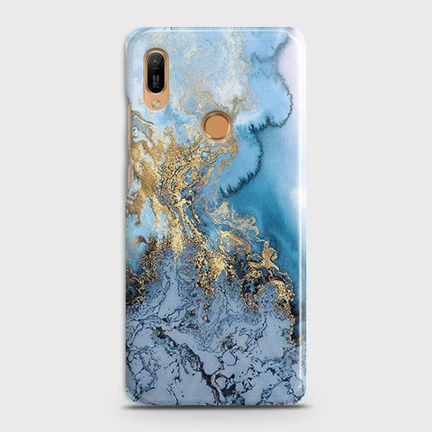 Huawei Y6 Prime 2019 Cover - Trendy Golden & Blue Ocean Marble Printed Hard Case with Life Time Colors Guarantee