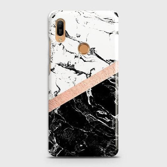 Huawei Y6s 2019 Cover - Black & White Marble With Chic RoseGold Strip Case with Life Time Colors Guarantee