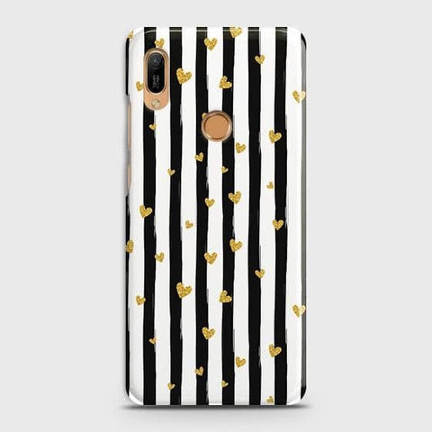 Huawei Y6 Prime 2019 Cover - Trendy Black & White Lining With Golden Hearts Printed Hard Case with Life Time Colors Guarantee