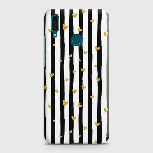 Huawei Y7 Pro 2019 Cover - Matte Finish - Trendy Black & White Lining With Golden Hearts Printed Hard Case with Life Time Colors Guarantee