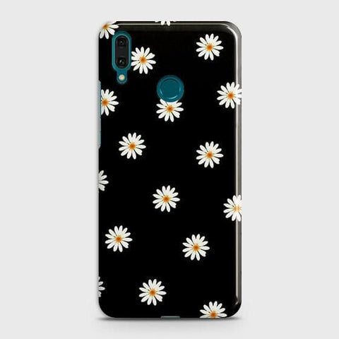 Huawei Y7 2019 Cover - Matte Finish - White Bloom Flowers with Black Background Printed Hard Case with Life Time Colors Guarantee