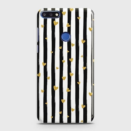 Huawei Y7 Prime 2018 / Y7 2018 Cover - Trendy Black & White Lining With Golden Hearts Printed Hard Case with Life Time Colors Guarantee
