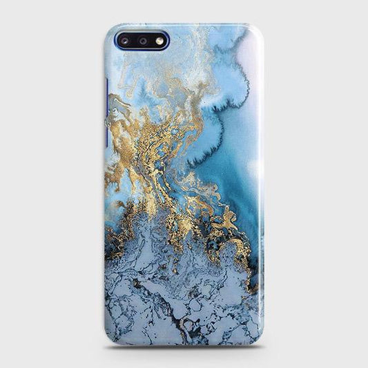 Huawei Y7 Pro 2018 Cover - Trendy Golden & Blue Ocean Marble Printed Hard Case with Life Time Colors Guarantee