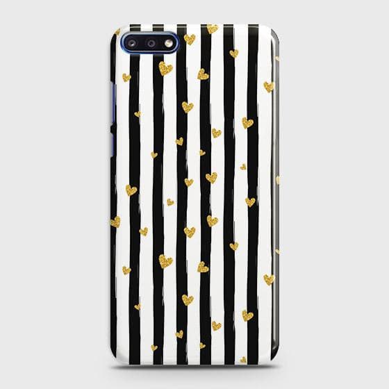 Huawei Y7 Pro 2018 Cover - Trendy Black & White Lining With Golden Hearts Printed Hard Case with Life Time Colors Guarantee