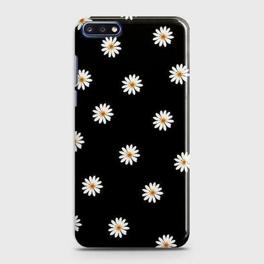 Huawei Y7 Pro 2018 Cover - Matte Finish - White Bloom Flowers with Black Background Printed Hard Case with Life Time Colors Guarantee