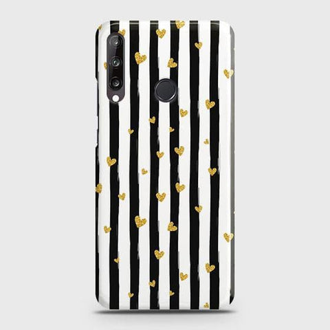 Huawei Y7p Cover - Trendy Black & White Lining With Golden Hearts Printed Hard Case with Life Time Colors Guarantee