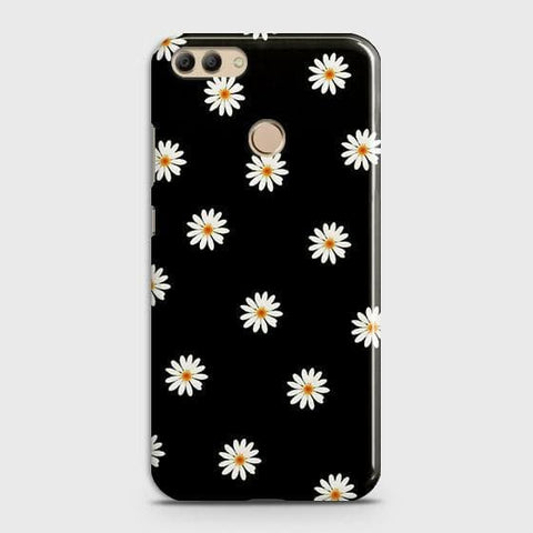 Huawei Y9 2018 Cover - Matte Finish - White Bloom Flowers with Black Background Printed Hard Case with Life Time Colors Guarantee