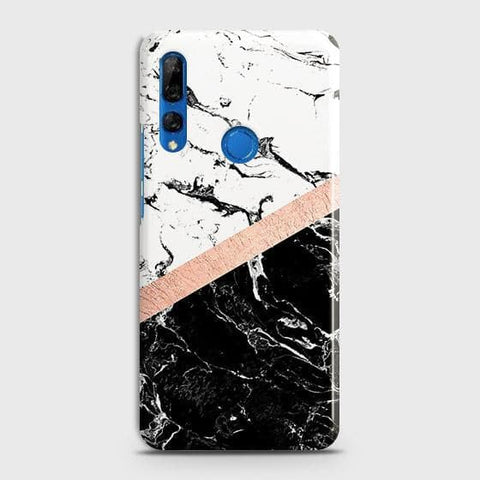 Huawei Y9 Prime 2019 Cover - Black & White Marble With Chic RoseGold Strip Case with Life Time Colors Guarantee