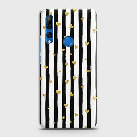 Huawei Y9 Prime 2019 Cover - Trendy Black & White Lining With Golden Hearts Printed Hard Case with Life Time Colors Guarantee