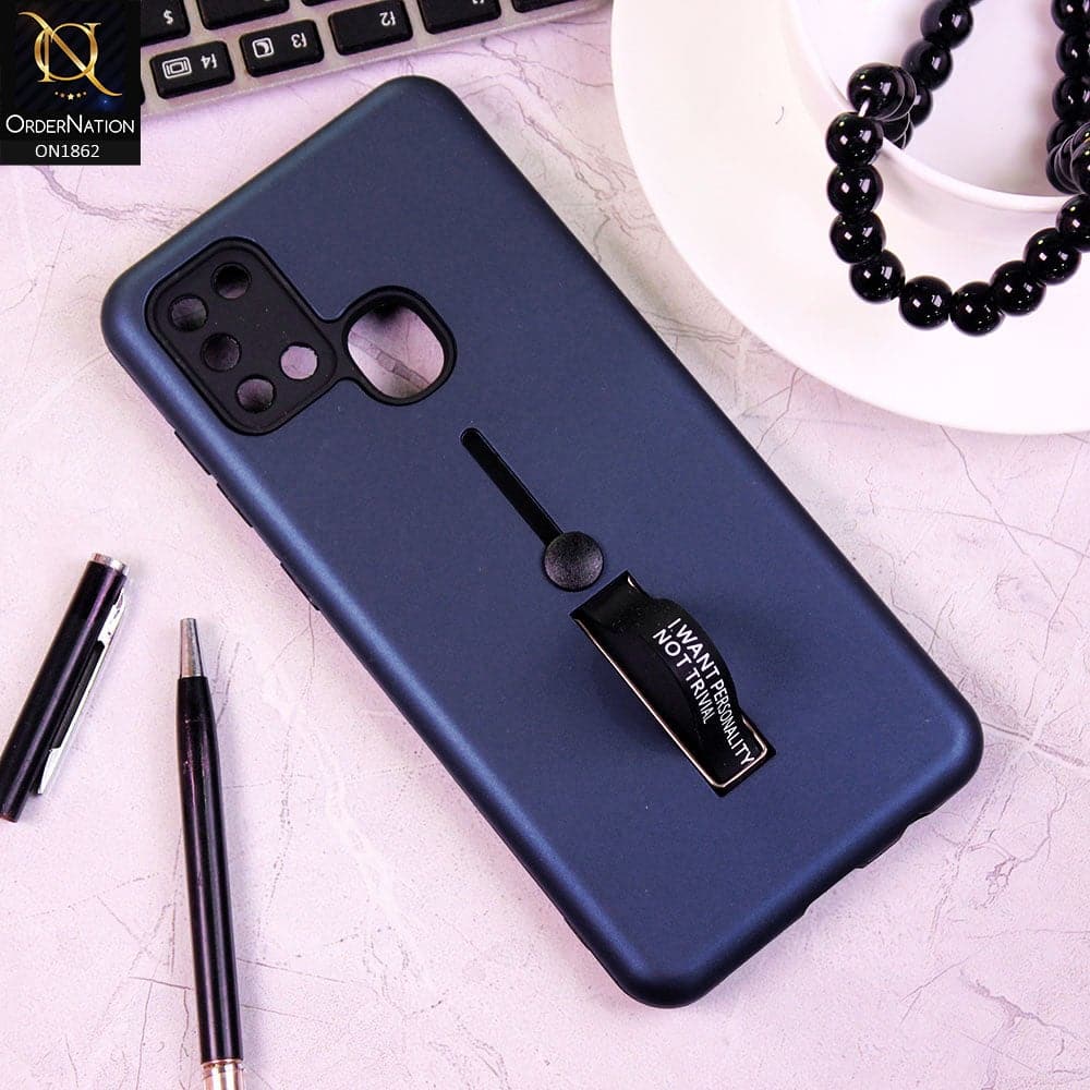 Samsung Galaxy A21s Cover - Blue - V2 Stylish Slide Finger Grip With Metal Kickstand Case