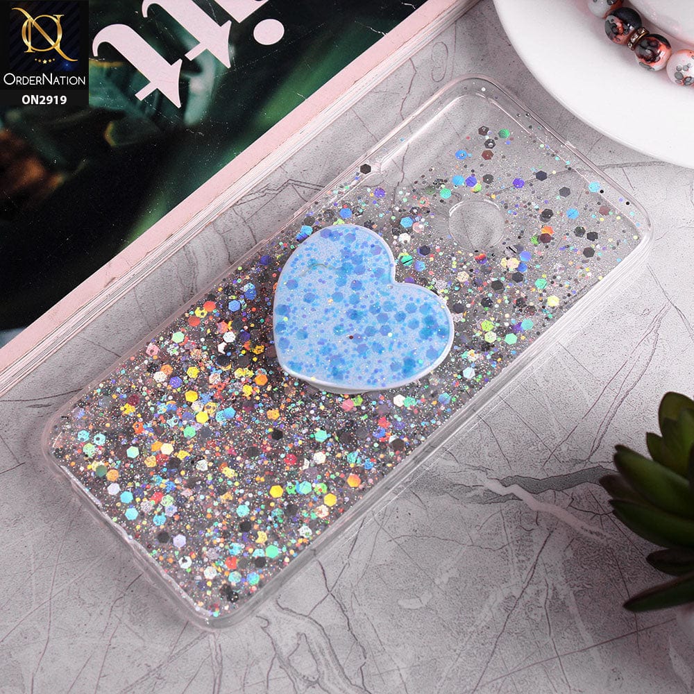 Tecno Spark 4 Cover - Design1 - Shiny Fancy Glitter Case with Heart Mobile Holder - Glitter Does Not Move