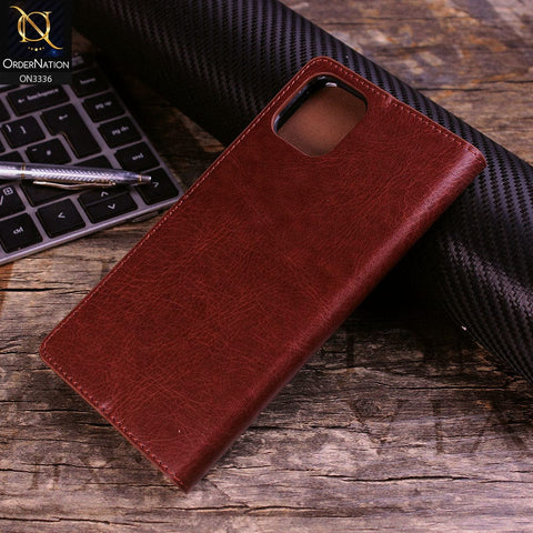 iPhone 11 Pro Max Cover - Dark Brown - Rich Boss Leather Texture Soft Flip Book Case