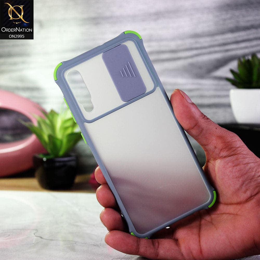 Samsung Galaxy A50 Cover - Gray - Shockproof Bumper Color Border Semi Transparent Camera Slide Protection Case