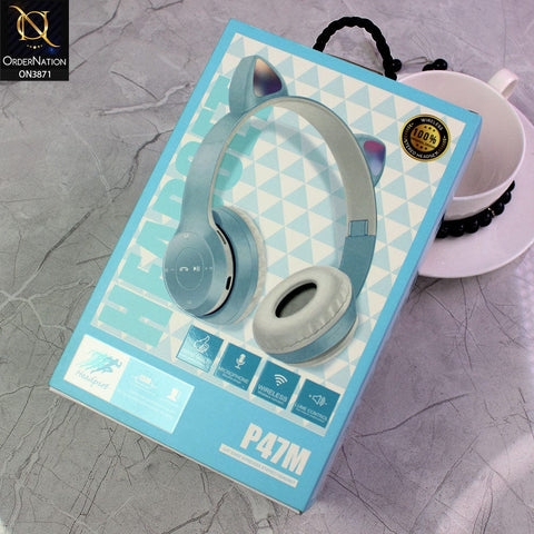 P47M Bluetooth Headphone Headset Headphone Cat Ear With Microphone Foldable Led Light Earphone - Blue
