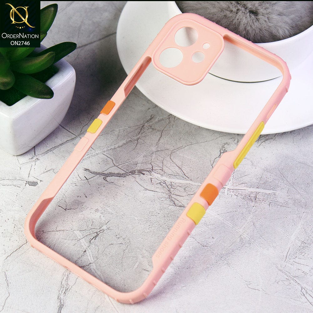 iPhone 12 Cover - Pink - New Designer Sporty Look Transparent Soft Shell Case
