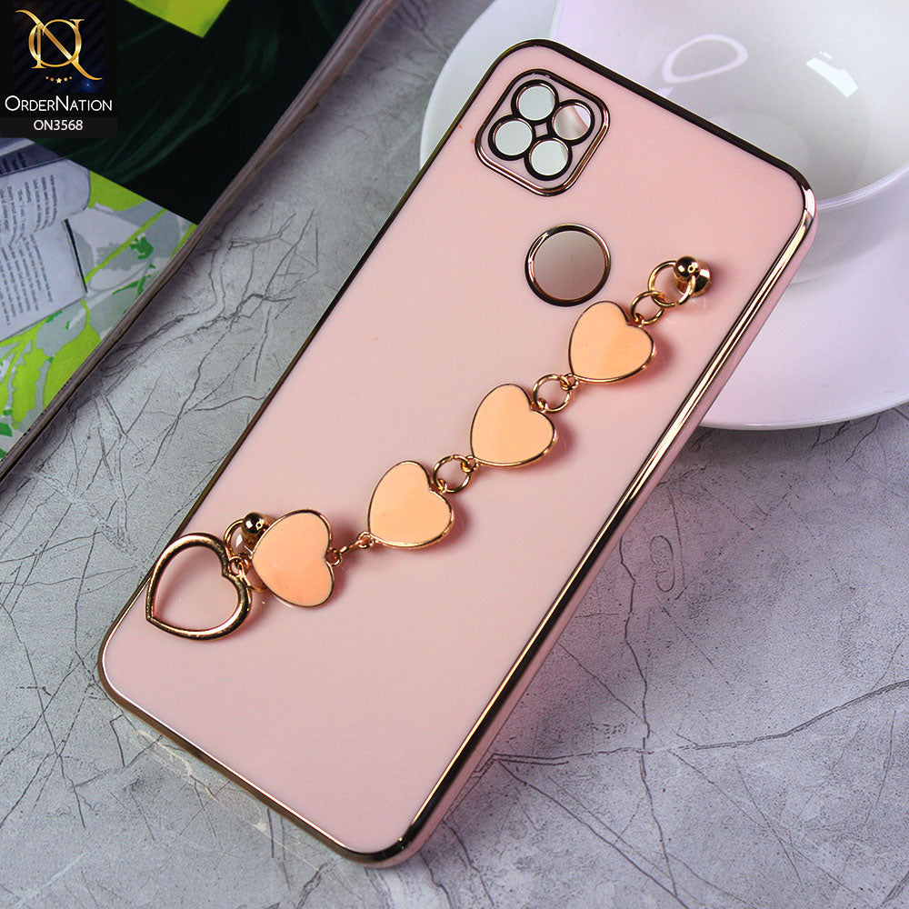 Xiaomi Redmi 10A Cover - Pink - Electroplated Edges Soft Silicone Heart Chain Fingers Holder Case with Camera Protection