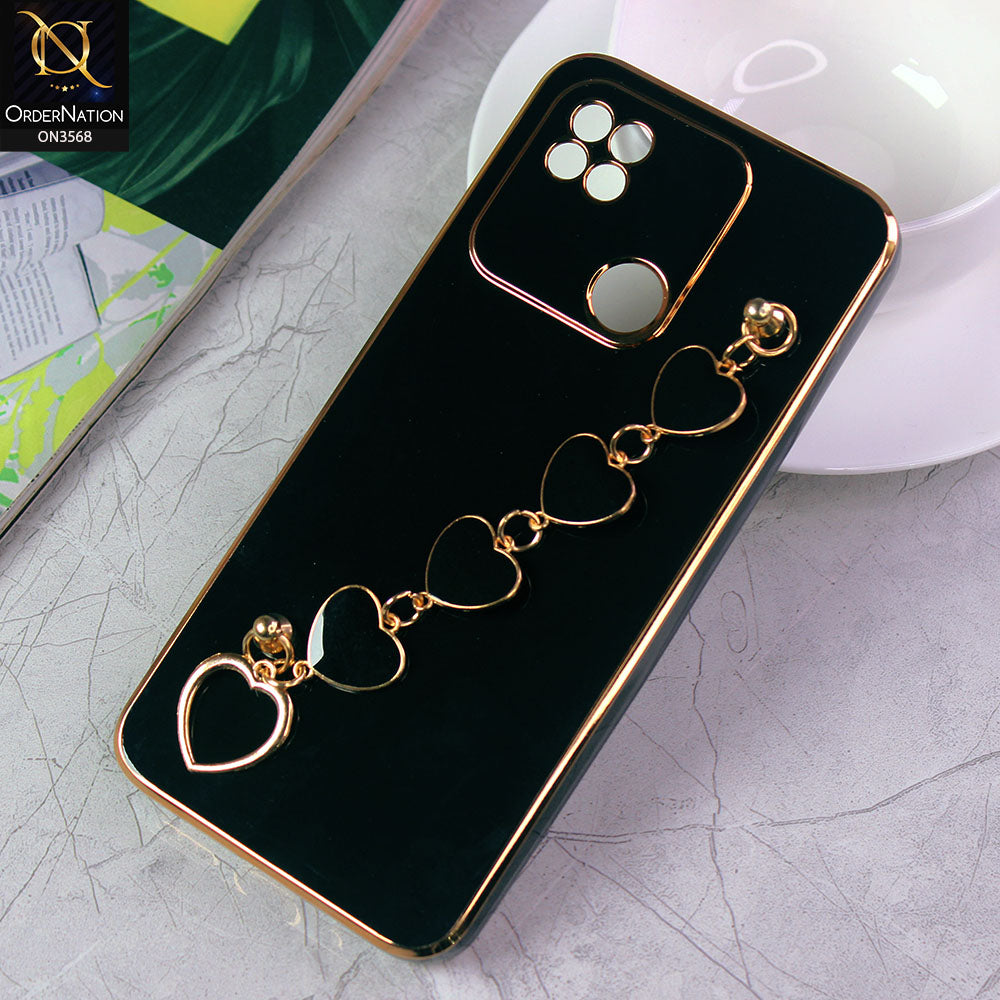 Xiaomi Redmi 10A Cover - Black - Electroplated Edges Soft Silicone Heart Chain Fingers Holder Case with Camera Protection