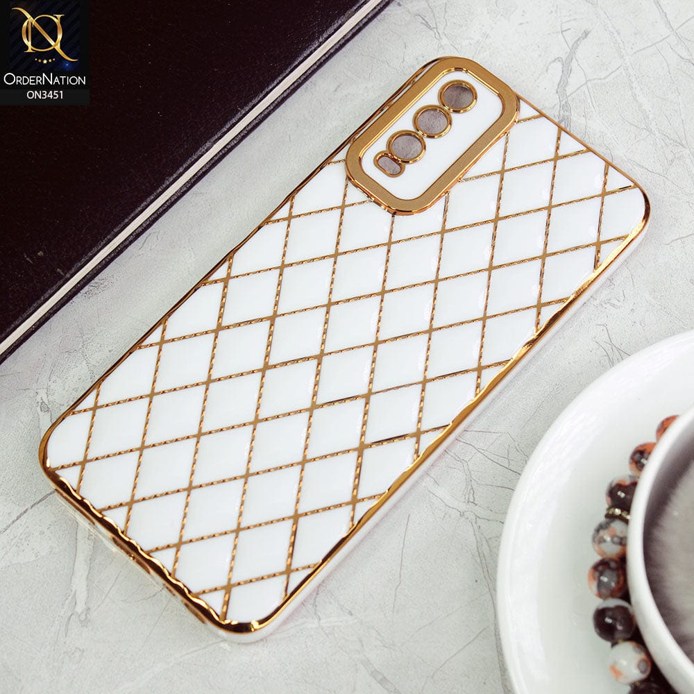 Vivo Y20i Cover - White - Soft TPU Shiny Electroplated Golden Lines Camera Protection Case