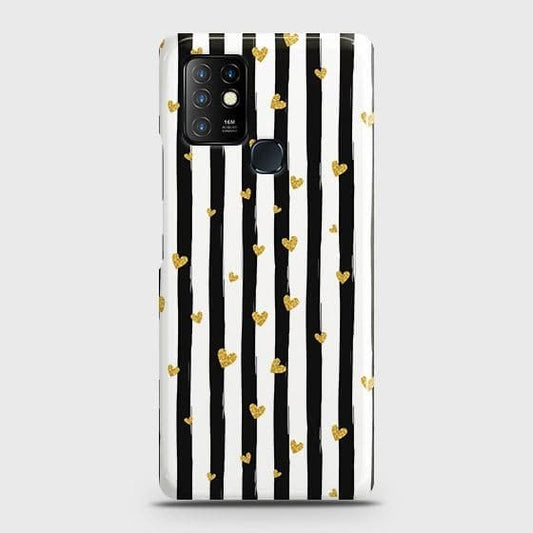 Infinix Hot 10 Cover - Trendy Black & White Lining With Golden Hearts Printed Hard Case with Life Time Colors Guarantee