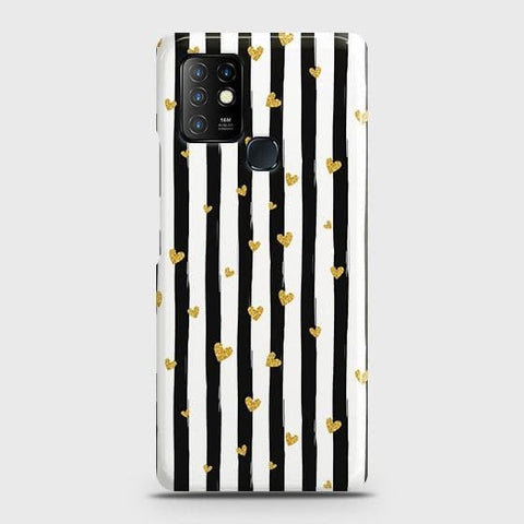 Infinix Hot 10 Cover - Trendy Black & White Lining With Golden Hearts Printed Hard Case with Life Time Colors Guarantee