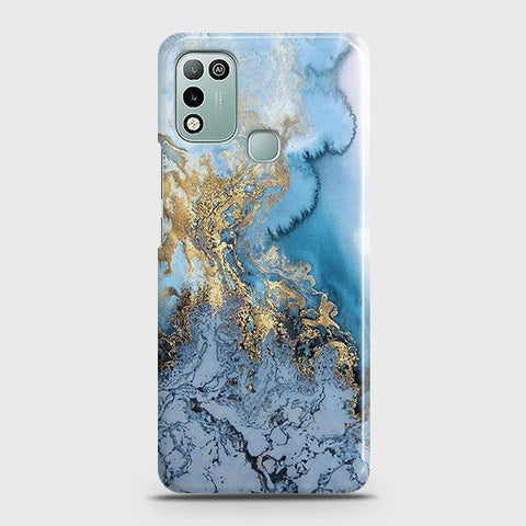 Infinix Hot 10 Play Cover - Trendy Golden & Blue Ocean Marble Printed Hard Case with Life Time Colors Guarantee