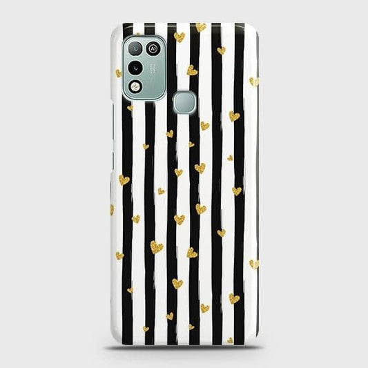 Infinix Hot 10 Play Cover - Trendy Black & White Lining With Golden Hearts Printed Hard Case with Life Time Colors Guarantee b-67