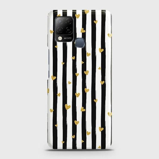 Infinix Hot 10s Cover - Trendy Black & White Lining With Golden Hearts Printed Hard Case with Life Time Colors Guarantee