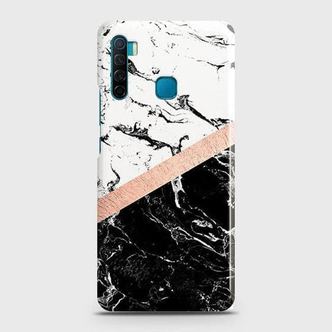 Infinix S5 Cover - Black & White Marble With Chic RoseGold Strip Case with Life Time Colors Guarantee