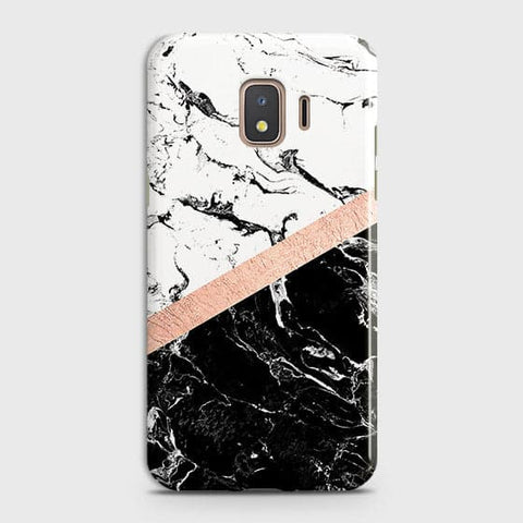 Samsung Galaxy J2 Core 2020 Cover - Black & White Marble With Chic RoseGold Strip Case with Life Time Colors Guarantee